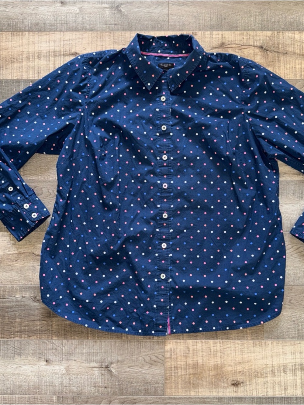 Talbots Navy Button-Up Shirt with Pink Polka Dots 1X